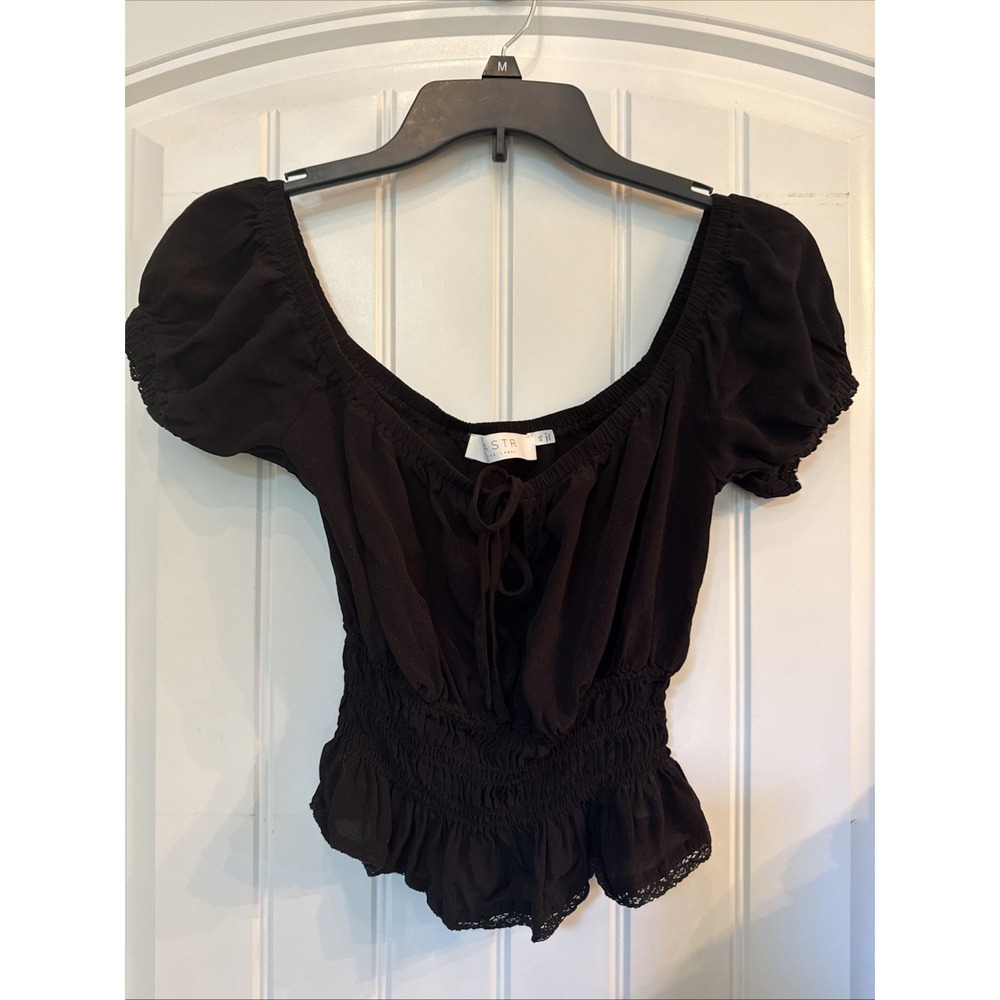 Astr The Label Pesant Crop Top Rouched Waist Off Shoulder Black XS Swiss Dot